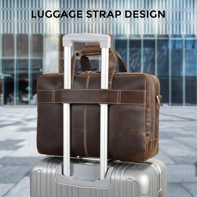 Top Cowhide Leather briefcase for men,17.3 Inch Messenger Bag Laptop Briefcase with YKK Metal Zippers Fit Business Trip