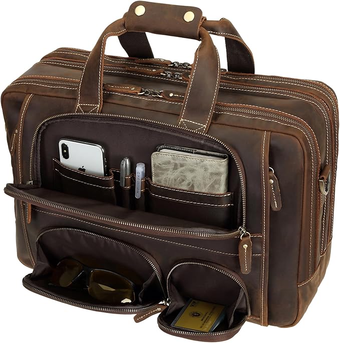 Top Cowhide Leather briefcase for men,17.3 Inch Messenger Bag Laptop Briefcase with YKK Metal Zippers Fit Business Trip