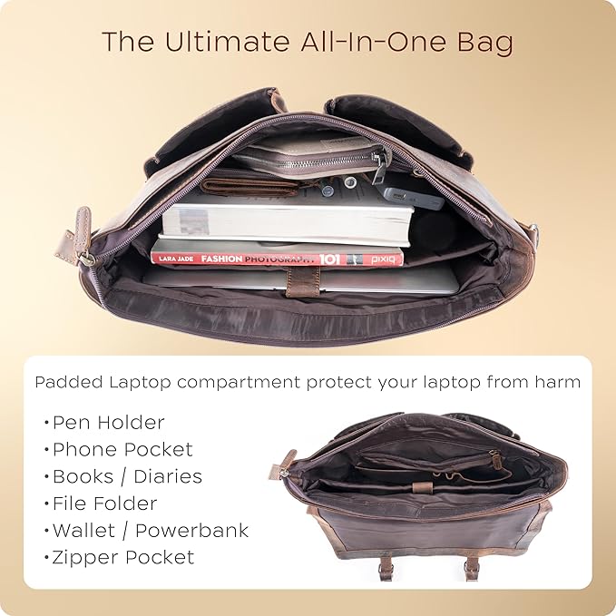 Handmade World Genuine Leather Messenger Laptop Bag 'The Optimus' Hunter Buffalo Leather Briefcase For Men Fits 17 Inch Computer Satchel Crossbody for Office Work Business