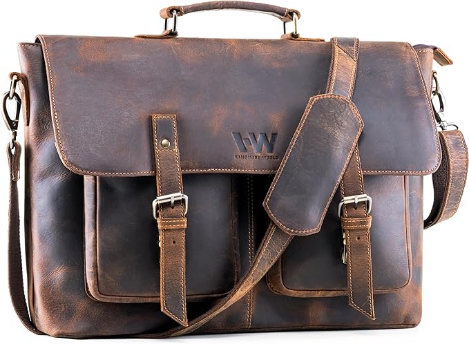Handmade World Genuine Leather Messenger Laptop Bag 'The Optimus' Hunter Buffalo Leather Briefcase For Men Fits 17 Inch Computer Satchel Crossbody for Office Work Business